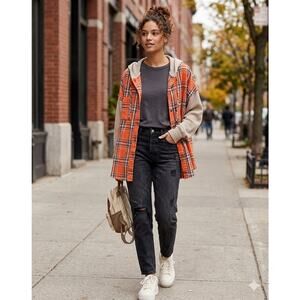 POL Mixed Media Plaid Waffle Knit Thermal Hoodie Raw Hem Shacket Orange M